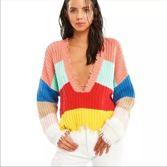 Distressed Beauty Boutique Tops - •HP•1 LEFT•Boho Rainbow Fringe Cropped Sweater •